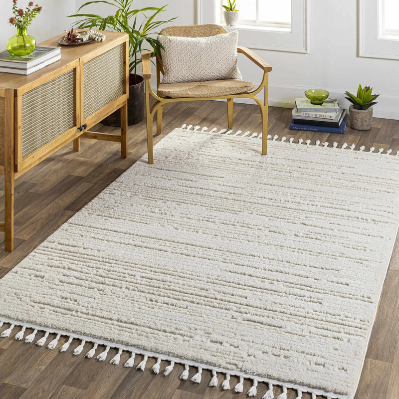 Ibarra Textured Ivory High/Low Pile Rug with Tassels by Boutique Rugs