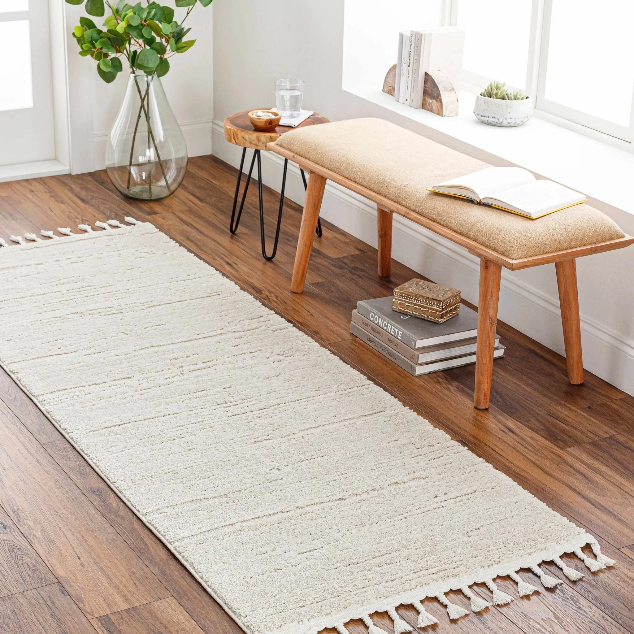 Ibarra Textured Ivory High/Low Pile Rug with Tassels by Boutique Rugs