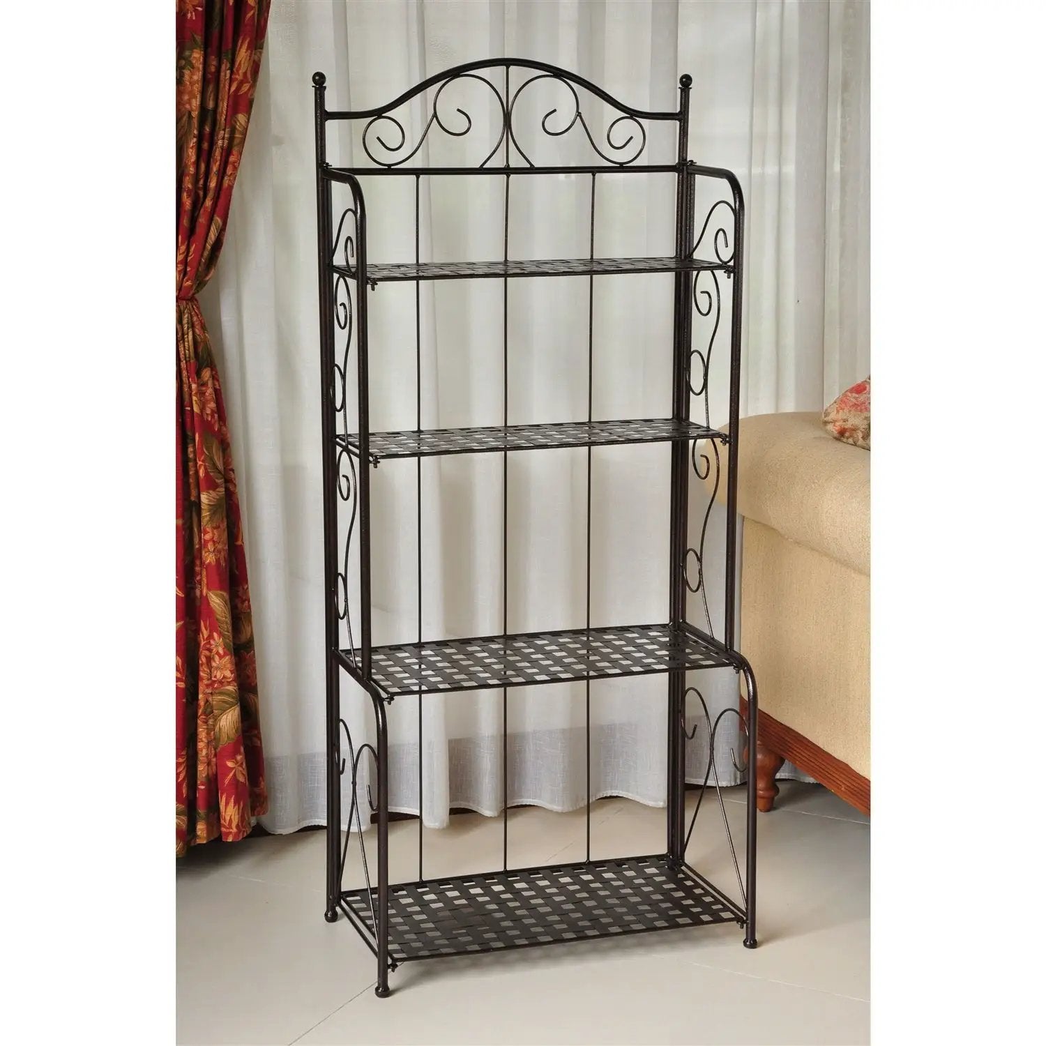Indoor / Outdoor Folding Iron 4-Shelf Bakers Rack in Bronze with Lattice Shelves by HomePacific