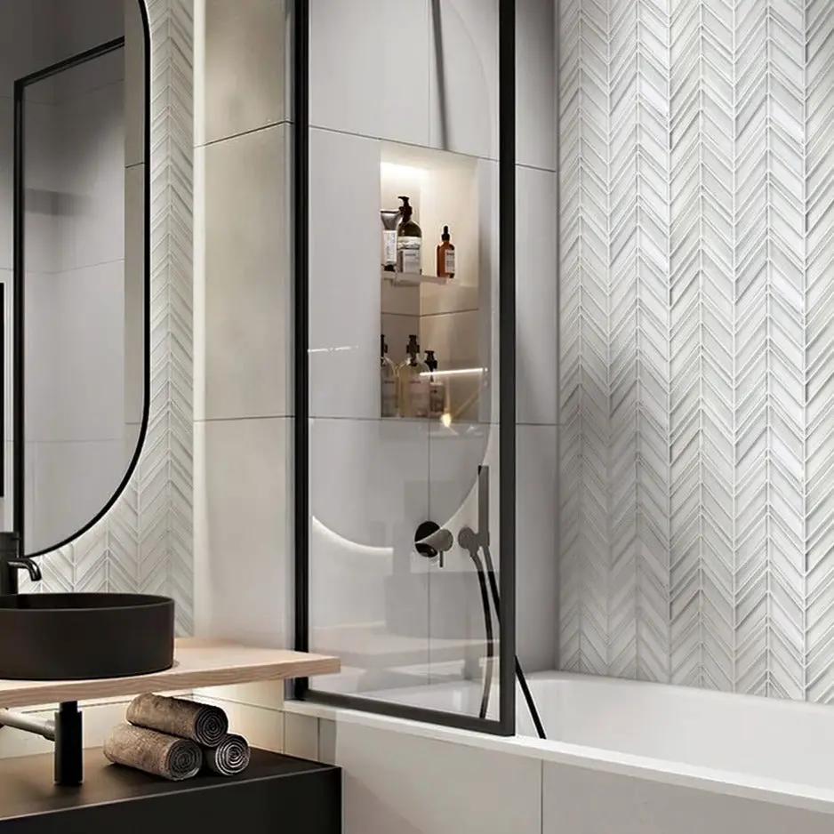 White 10x10 Chevron Glossy Matte Glass Mosaic Tile by Apollo Tile
