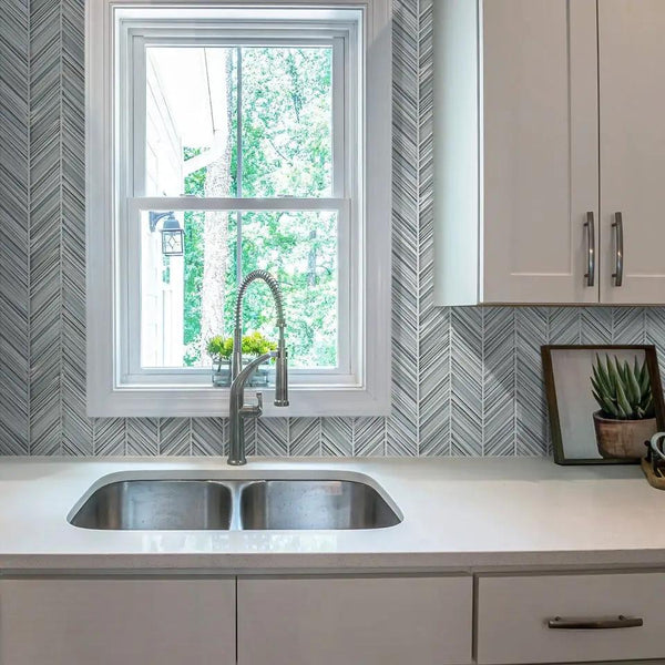 Blue Gray 10x10 Glossy Matte Chevron Glass Mosaic Tile (5 pack, 3.76 sq ft/case)