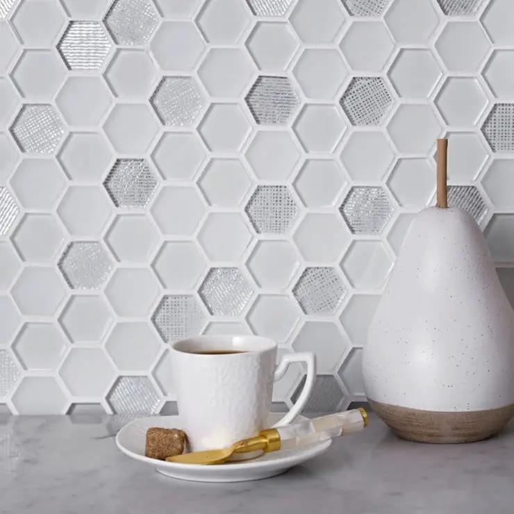 White 12x12 Glossy Matte Hexagon Glass Mosaic Tile (5 pack, 4.83 sq ft/case) by Apollo Tile