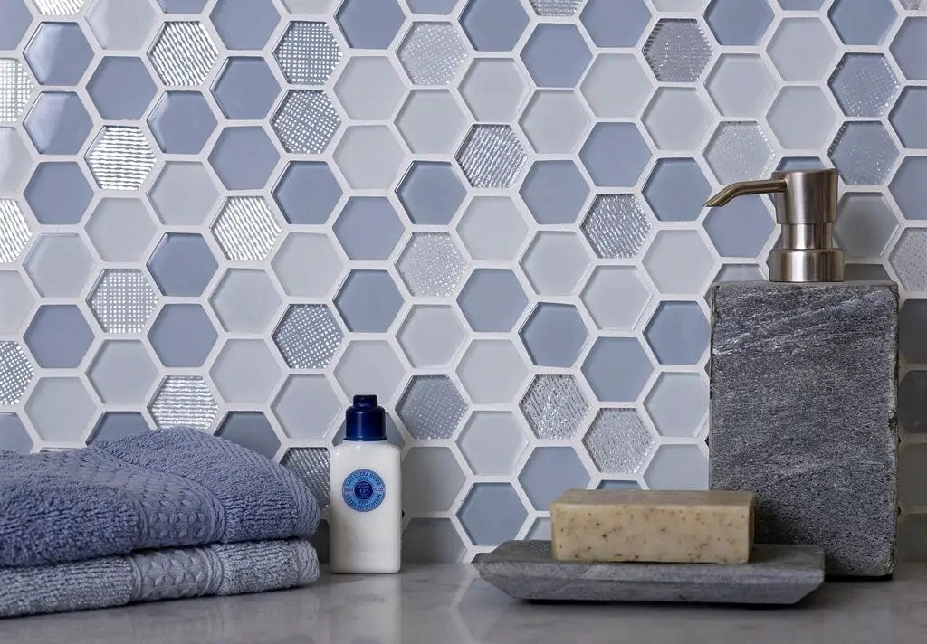 Blue Gray 12x12 Glossy Matte Hexagon Glass Mosaic Tile (5 pack, 4.83 sq ft/case) by Apollo Tile