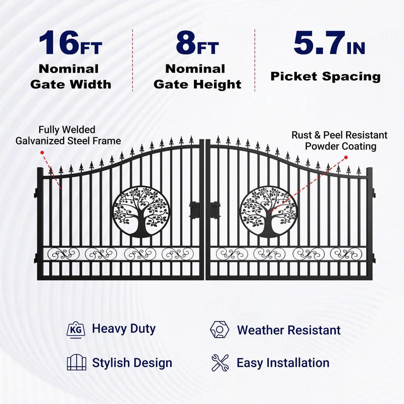 16x8 ft Steel Dual Swing Driveway Gate with Tree Pattern by Chery Industrial