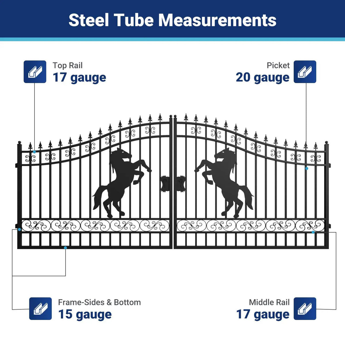 16x7 ft Steel Dual Swing Driveway Gate with Horse Pattern, photo 5 of 17