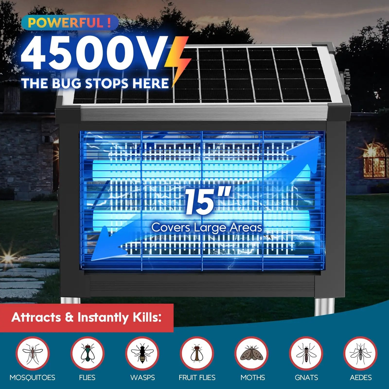 Solar Bug Zapper Outdoor, Wireless Portable Camping Mosquito Zapper 4500V For 3500 Sq.ft with Panel Sensor, Fly Traps with 10FT Extension Cord by Outdoor Solar Outlet