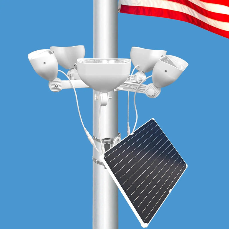 400W Solar Flag Pole Light for 15-40ft flagpole 5 Spotlights，Adjustable Clamps Fits 3-6''Diameter Inground Poles from Dusk to Dawn by Outdoor Solar Outlet