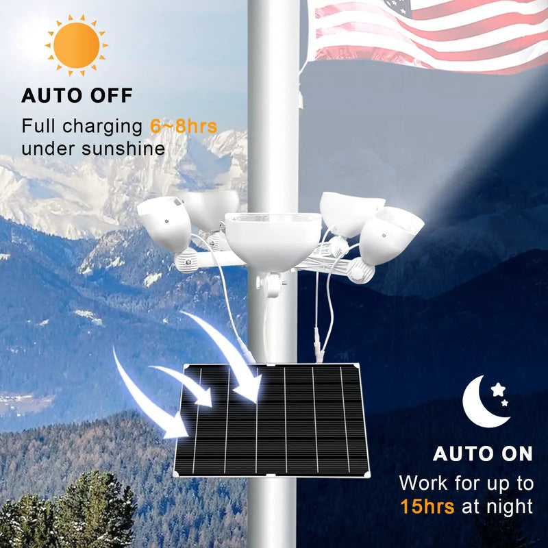 400W Solar Flag Pole Light for 15-40ft flagpole 5 Spotlights，Adjustable Clamps Fits 3-6''Diameter Inground Poles from Dusk to Dawn by Outdoor Solar Outlet