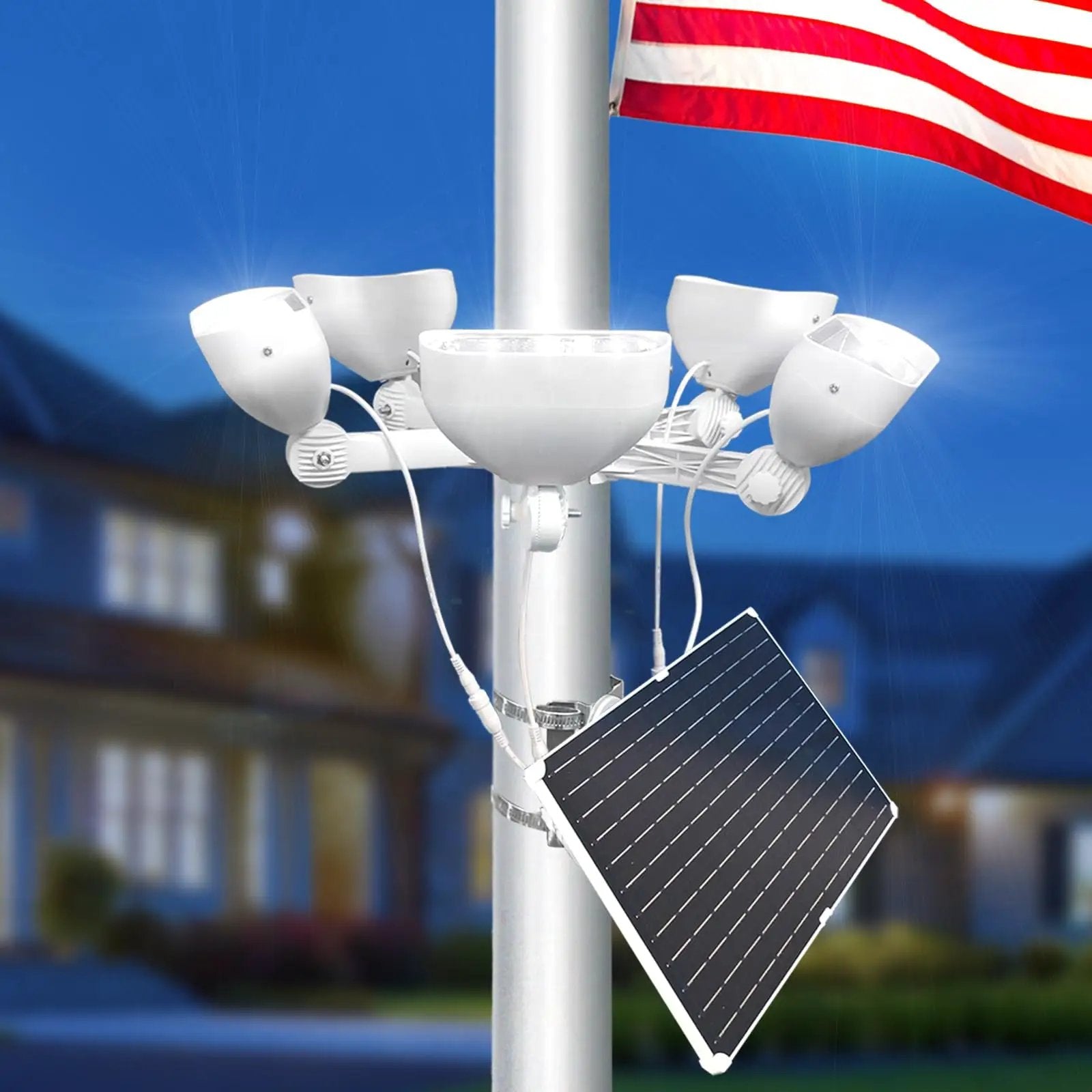 400W Solar Flag Pole Light for 15-40ft flagpole 5 Spotlights，Adjustable Clamps Fits 3-6''Diameter Inground Poles from Dusk to Dawn by Outdoor Solar Outlet