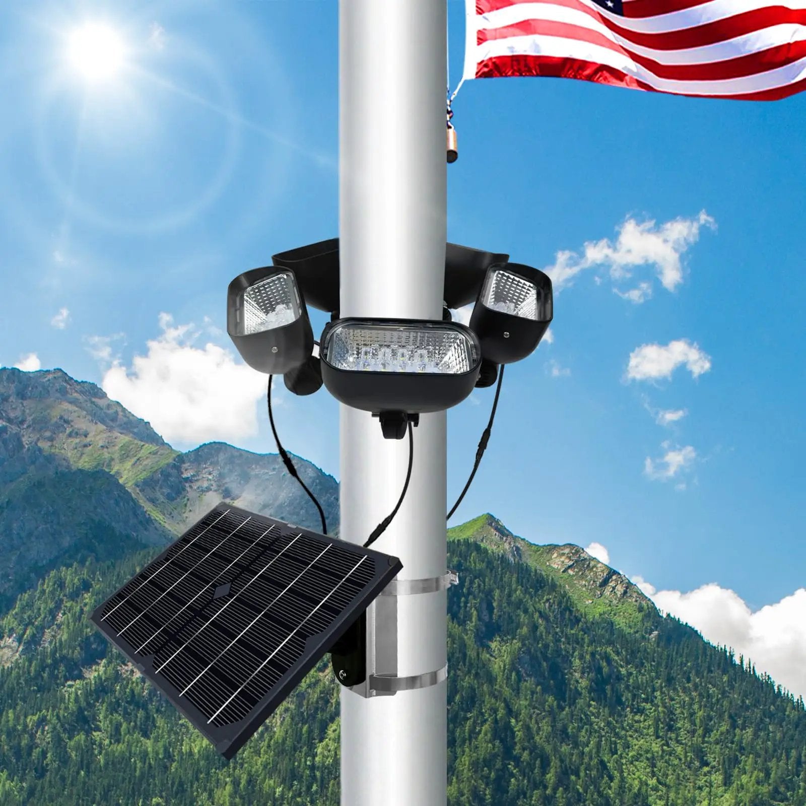 400W Solar Flag Pole Light for 15-40ft flagpole 5 Spotlights，Adjustable Clamps Fits 3-6''Diameter Inground Poles from Dusk to Dawn by Outdoor Solar Outlet