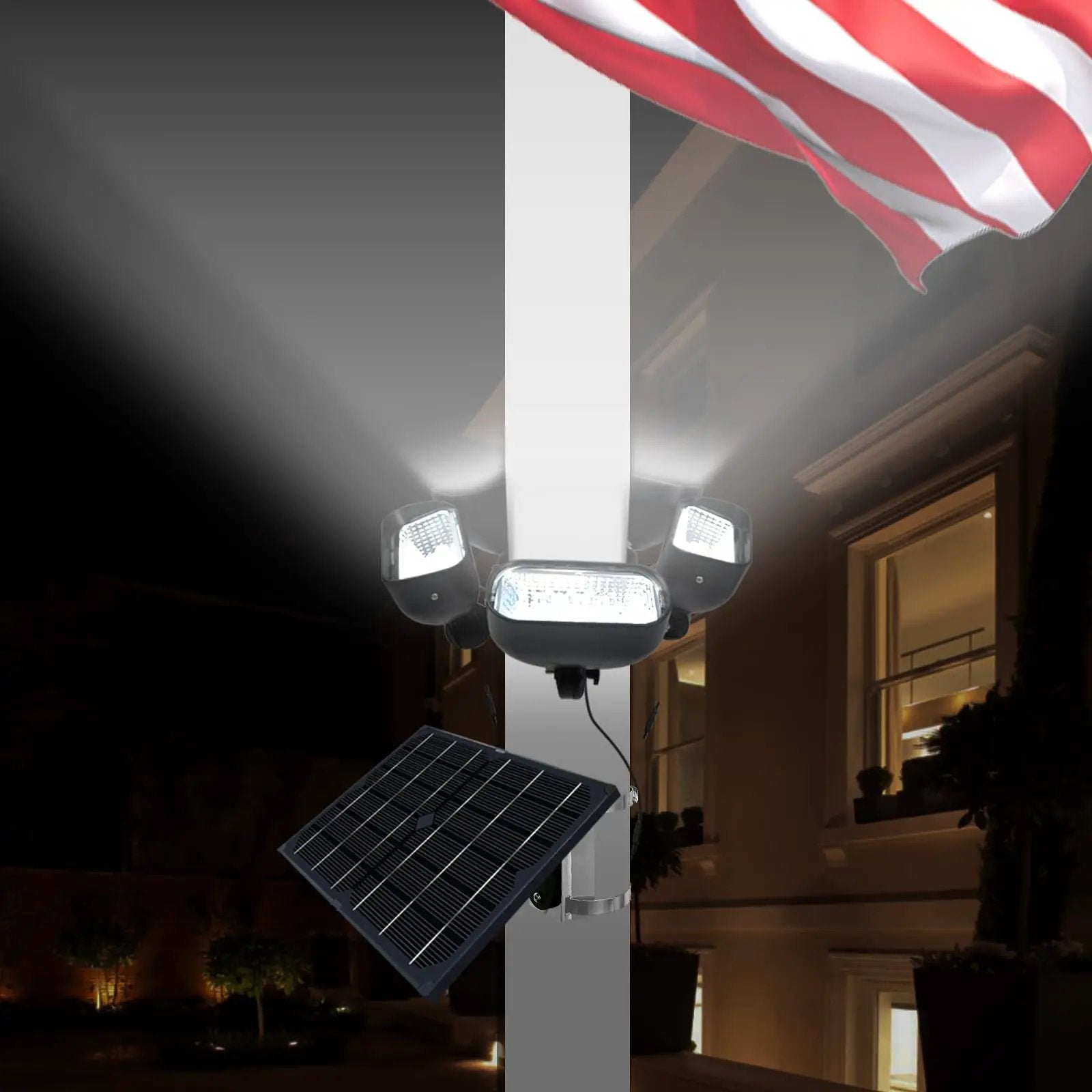 400W Solar Flag Pole Light for 15-40ft flagpole 5 Spotlights，Adjustable Clamps Fits 3-6''Diameter Inground Poles from Dusk to Dawn by Outdoor Solar Outlet