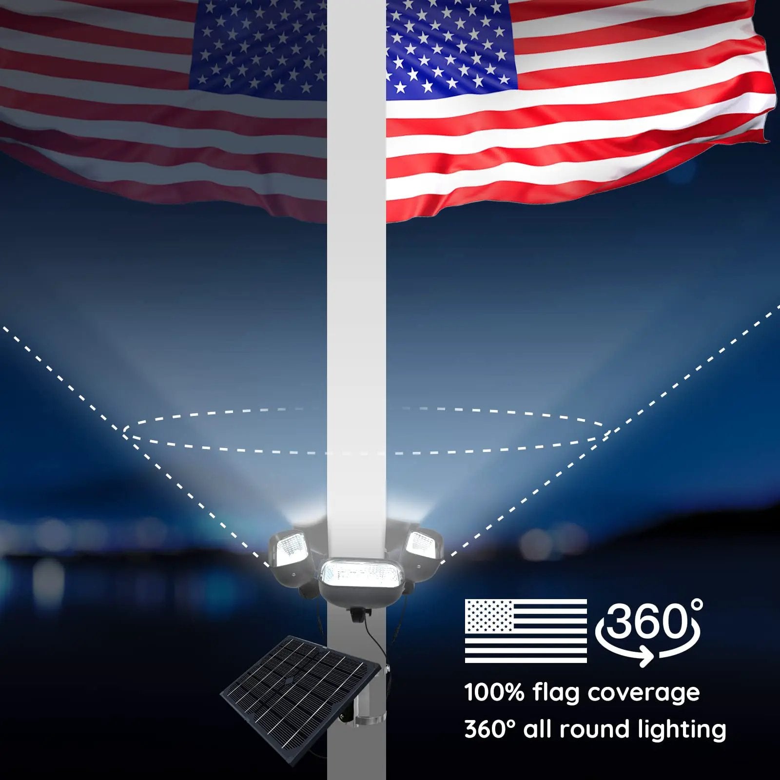 400W Solar Flag Pole Light for 15-40ft flagpole 5 Spotlights，Adjustable Clamps Fits 3-6''Diameter Inground Poles from Dusk to Dawn by Outdoor Solar Outlet