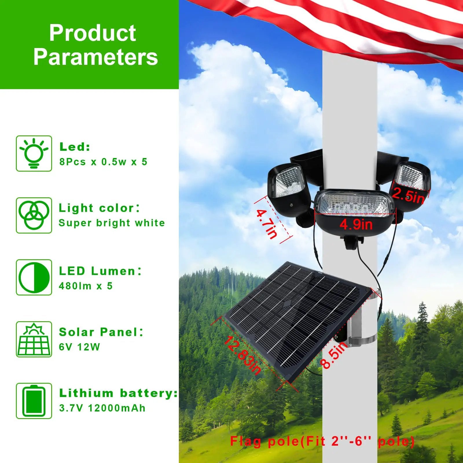 400W Solar Flag Pole Light for 15-40ft flagpole 5 Spotlights，Adjustable Clamps Fits 3-6''Diameter Inground Poles from Dusk to Dawn by Outdoor Solar Outlet