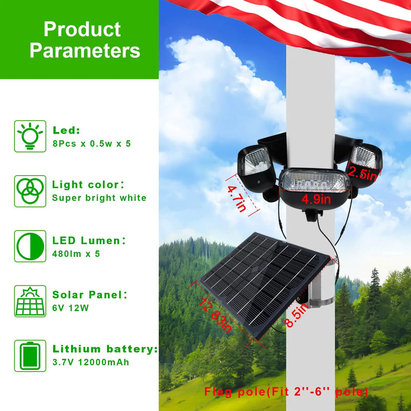 400W Solar Flag Pole Light for 15-40ft flagpole 5 Spotlights，Adjustable Clamps Fits 3-6''Diameter Inground Poles from Dusk to Dawn by Outdoor Solar Outlet