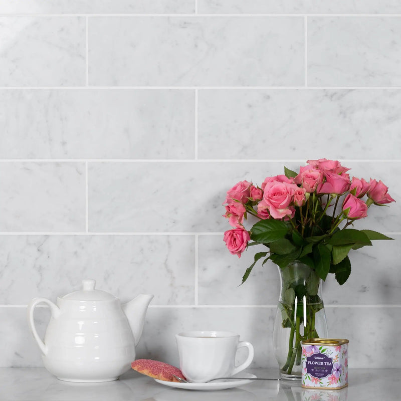 White 4x12 Polished Subway Bianco Carrara Marble Tile (15 pack, 5 sq ft/case) by Apollo Tile