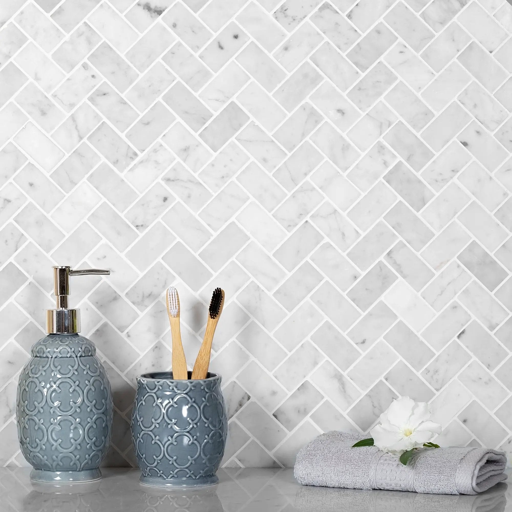 White 12x12 Polished Herringbone Bianco Carrara Marble Mosaic Tile (5 pack, 4.83 sq ft/case) by Apollo Tile