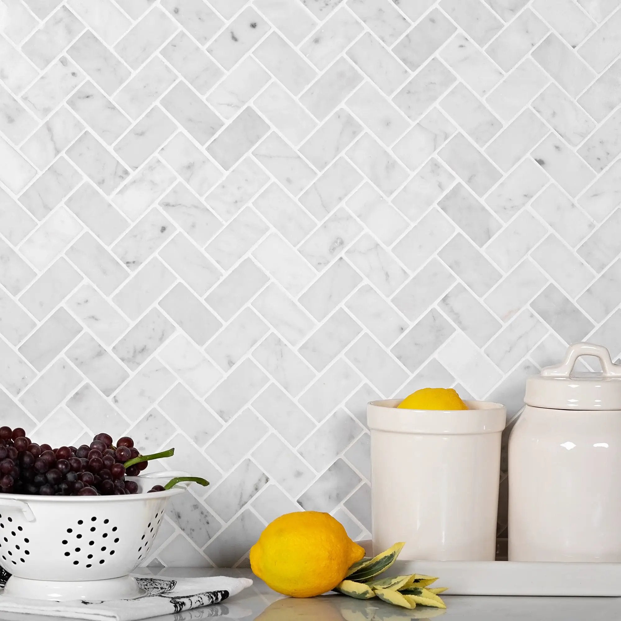 White 12x12 Polished Herringbone Bianco Carrara Marble Mosaic Tile (5 pack, 4.83 sq ft/case) by Apollo Tile