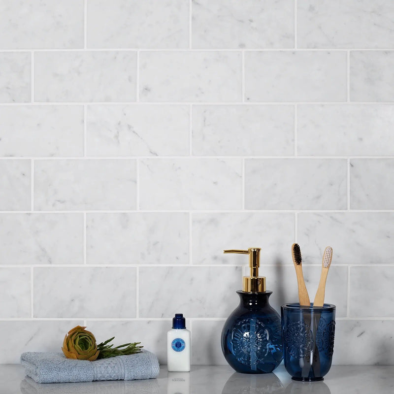 White 3x6 Honed Subway Bianco Carrara Marble Tile (40 pack, 5 sq ft/case) by Apollo Tile