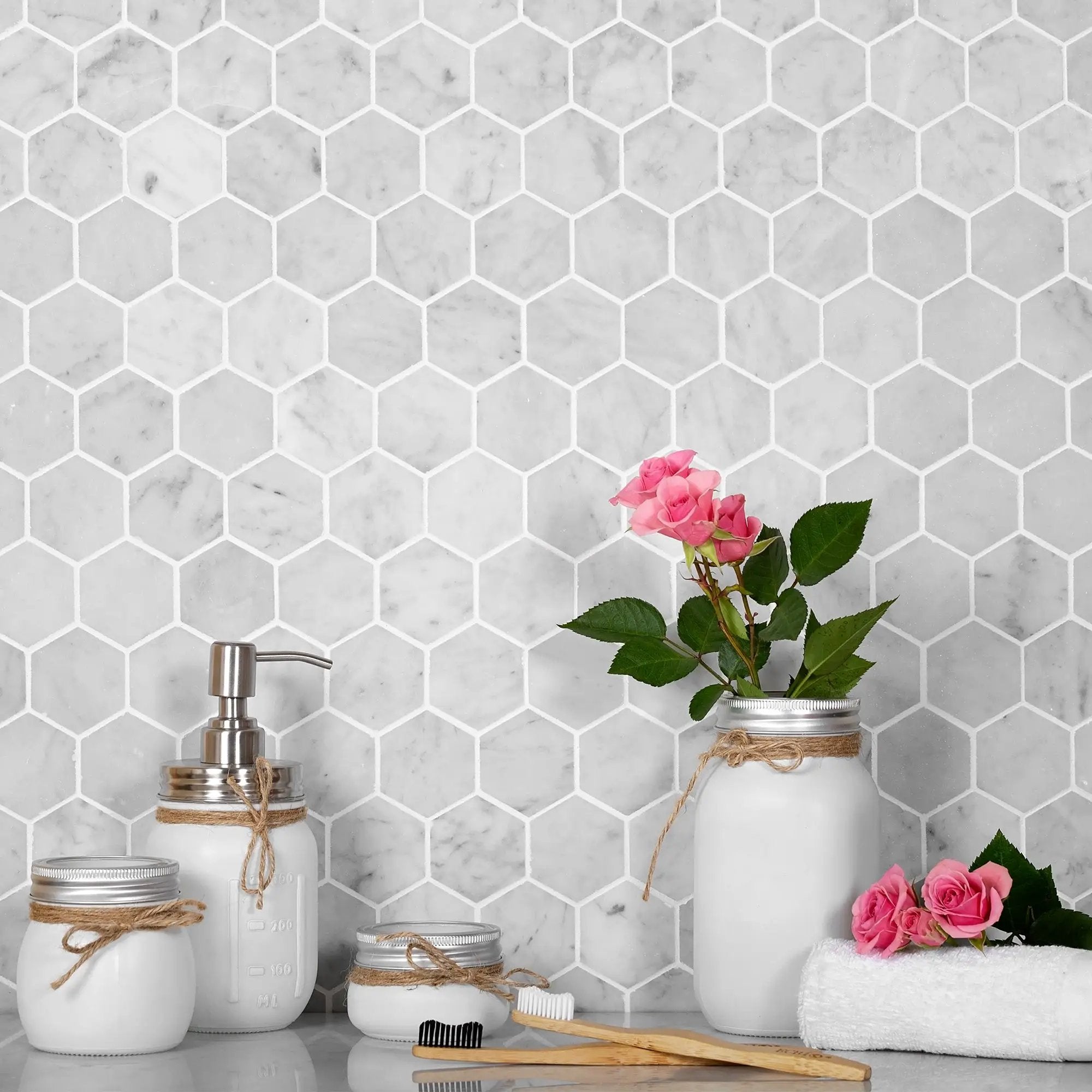 Powder White 12x12 Honed Hexagon Bianco Carrara Marble Mosaic Tile (5 pack, 4.83 sq ft/case) by Apollo Tile