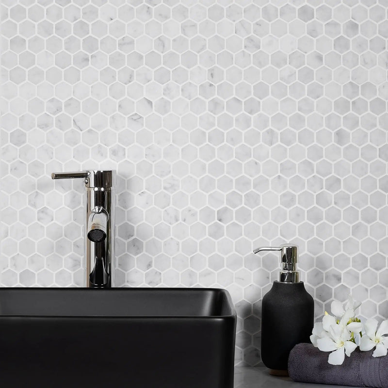 White 11x12 Honed Hexagon Bianco Carrara Marble Mosaic Tile (5 pack, 4.55 sq ft/case) by Apollo Tile