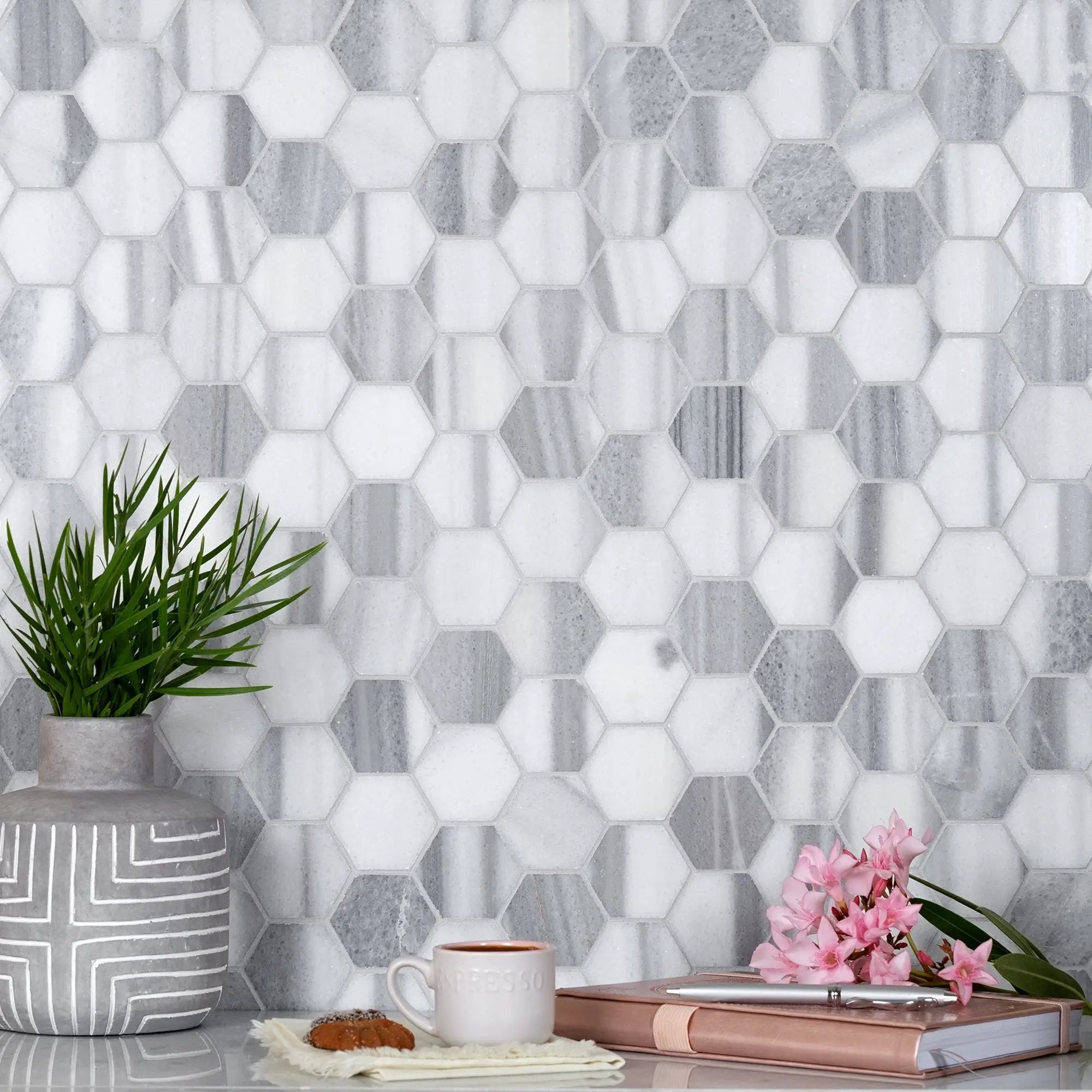 Gray 12x12 Polished Hexagon Equator Marble Mosaic Tile (5 pack, 4.83 sq ft/case) by Apollo Tile