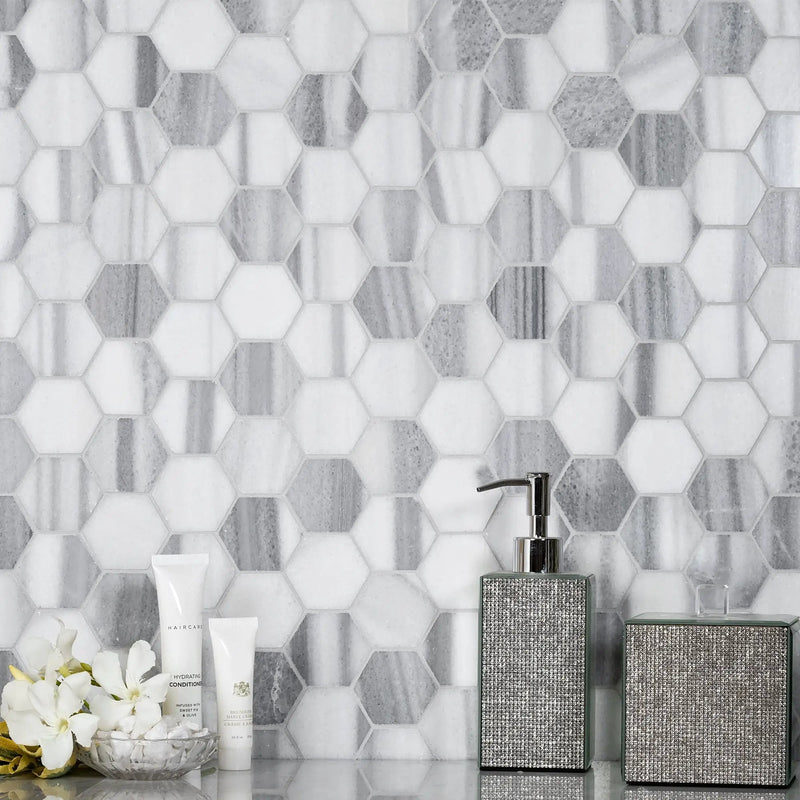 Gray 12x12 Polished Hexagon Equator Marble Mosaic Tile (5 pack, 4.83 sq ft/case) by Apollo Tile