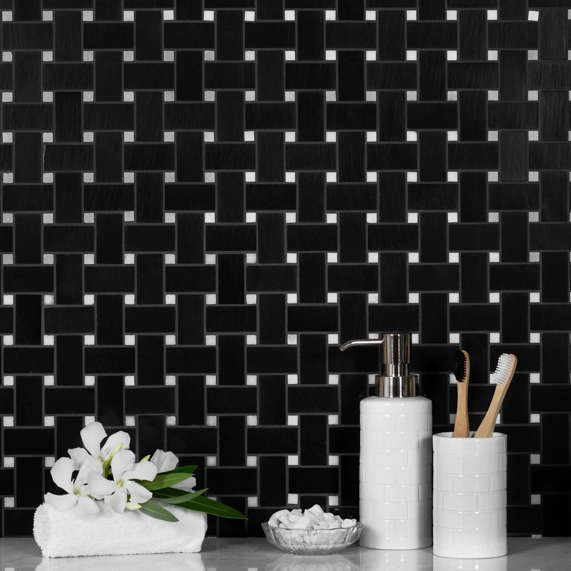 5-Pack Black 12-in x 12-in Polished Natural Stone Basketweave Patterned Floor and Wall Tile by Apollo Tile