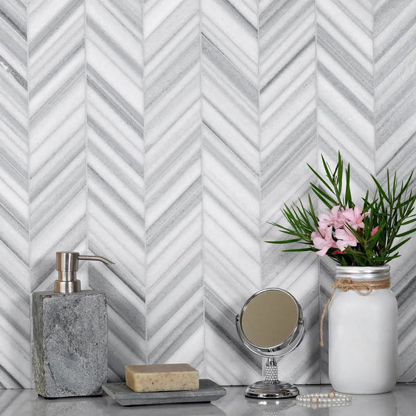 Gray 12x12 Polished Herringbone Equator Marble Mosaic Tile (5 pack, 5.08 sq ft/case)