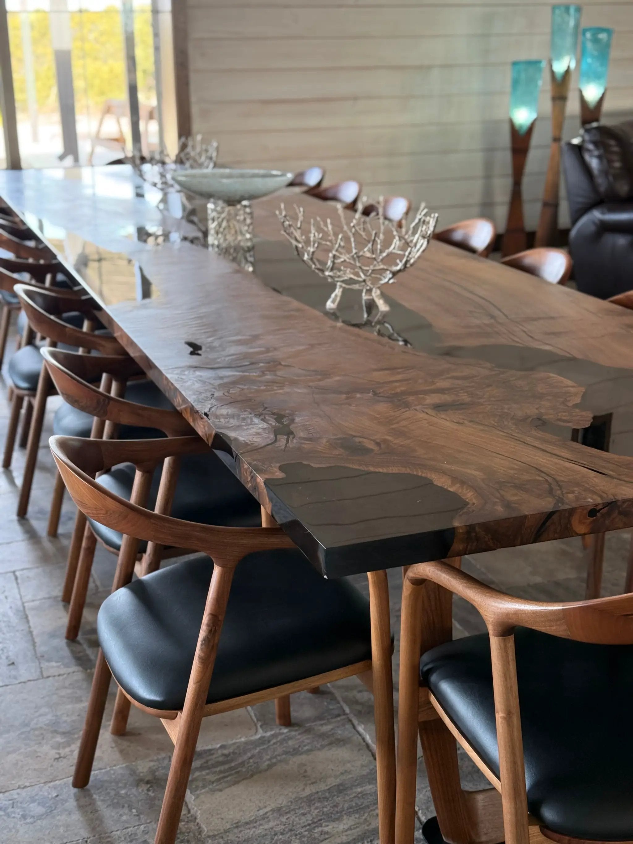 Epoxy Resin River Dining Table Featured Walnut Wood Leg by Gizz