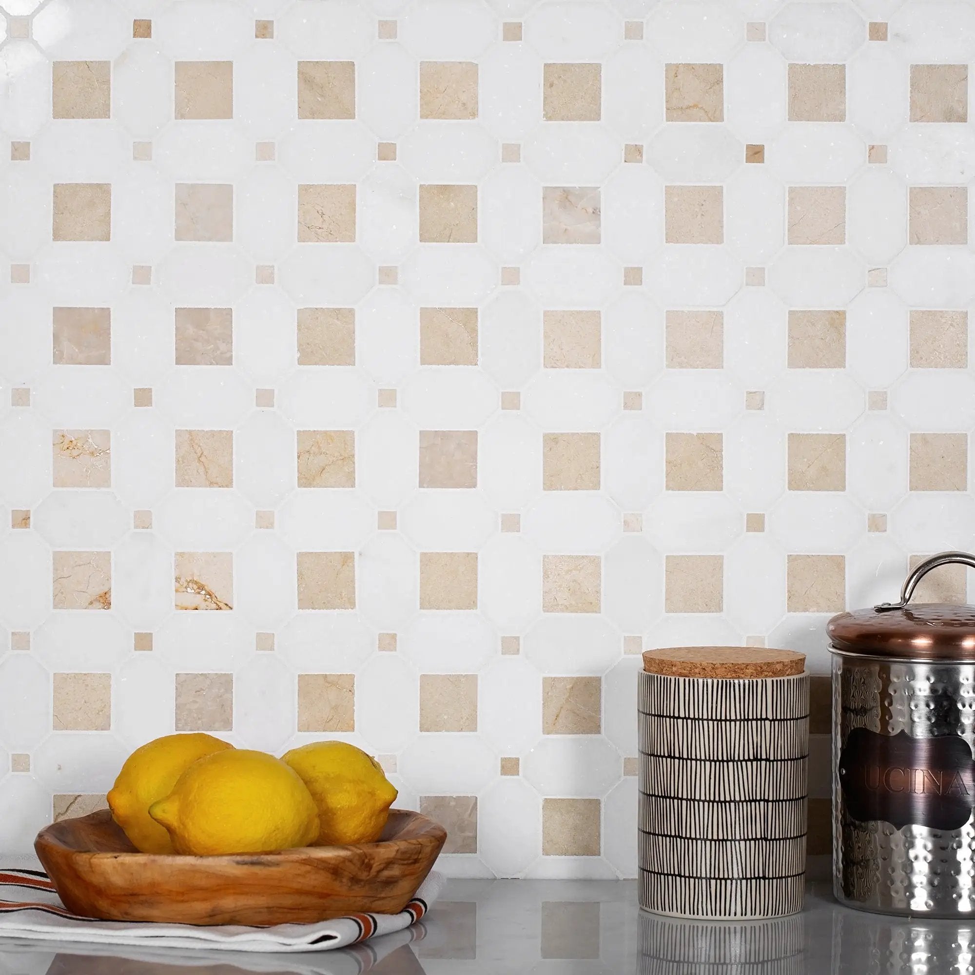 Naples White Beige 12x12 Polished Thassos Octagon & Crema Marfil Square Marble Mosaic Tile (5 pack, 5.17 sq ft/case) by Apollo Tile
