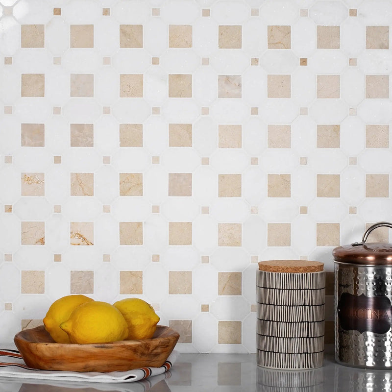 Naples White Beige 12x12 Polished Thassos Octagon & Crema Marfil Square Marble Mosaic Tile (5 pack, 5.17 sq ft/case) by Apollo Tile