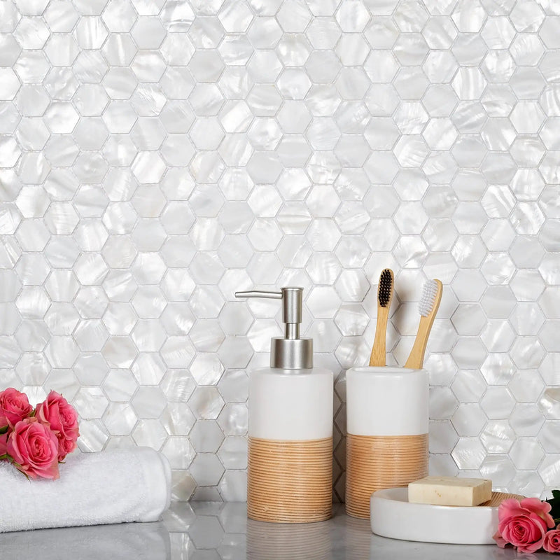 Chiffon White 12x12 Polished Hexagon Shell Mother of Pearl Mosaic Tile (20 pack, 18.69 sq ft/case) by Apollo Tile