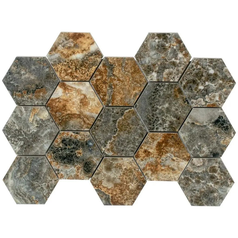 Brown 9x13 Polished Hexagon Porcelain Mosaic Tile (9 pack, 7.09 sq ft/case) by Apollo Tile