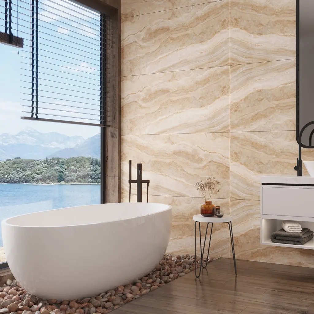 Beige 24x48 Polished Porcelain Large Format Tile (2 pack, 15.55 sq ft/case) by Apollo Tile