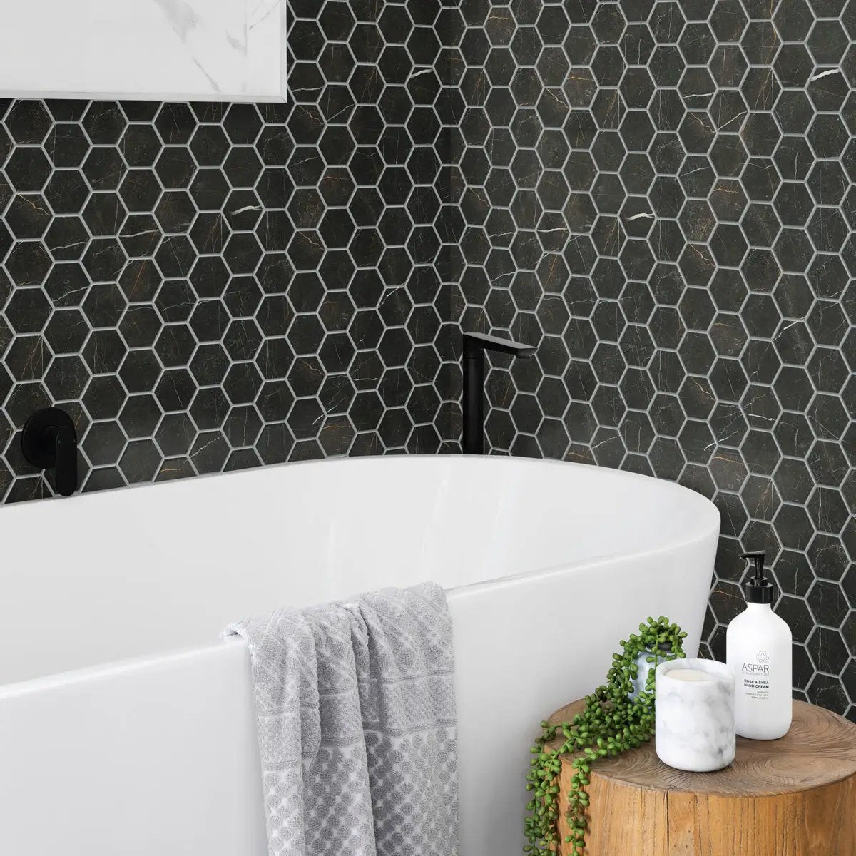 Sable Black 9x13 Polished Hexagon Porcelain Mosaic Tile (9 pack, 7.09 sq ft/case) by Apollo Tile
