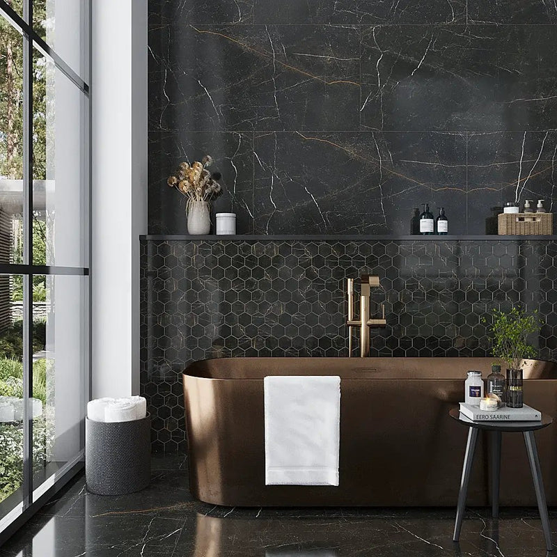 Sable Black 9x13 Polished Hexagon Porcelain Mosaic Tile (9 pack, 7.09 sq ft/case) by Apollo Tile