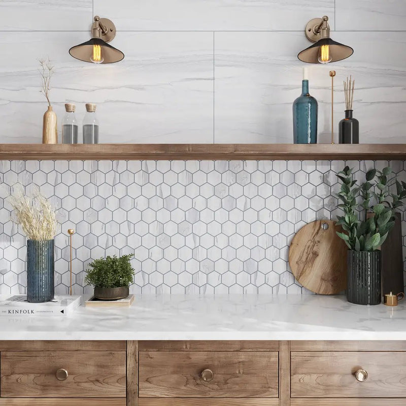 Cotton White 9x13 Polished Hexagon Porcelain Mosaic Tile (9 pack, 7.09 sq ft/case) by Apollo Tile
