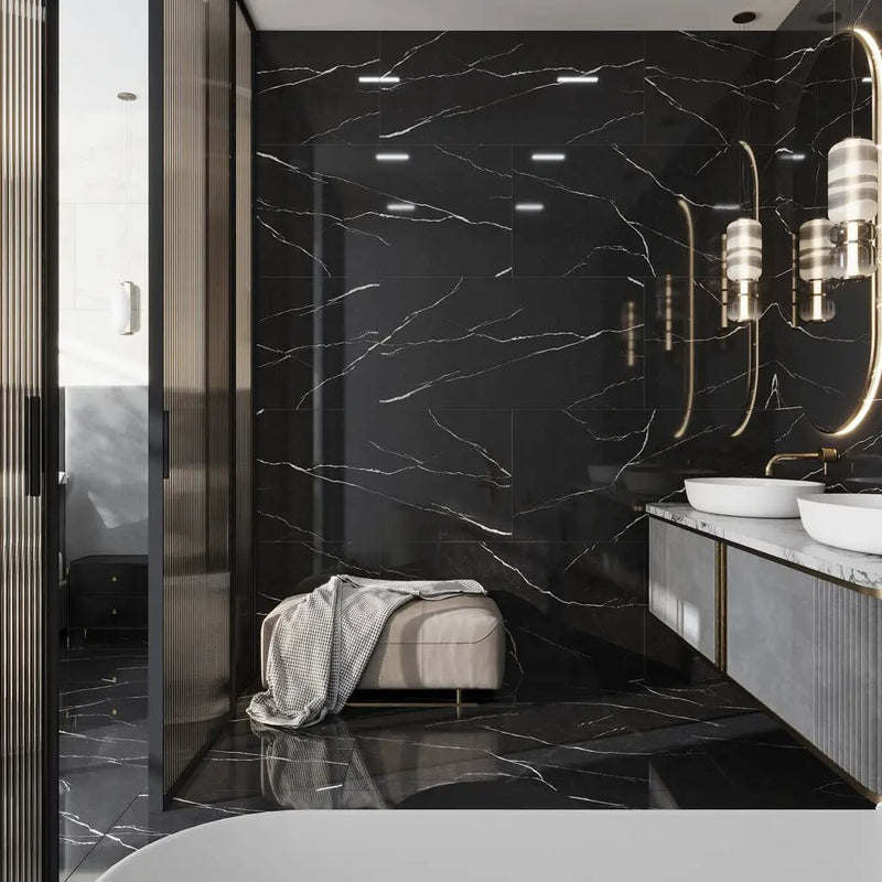 Black 24x48 Polished Porcelain Large Format Tile (2 pack, 15.55 sq ft/case) by Apollo Tile