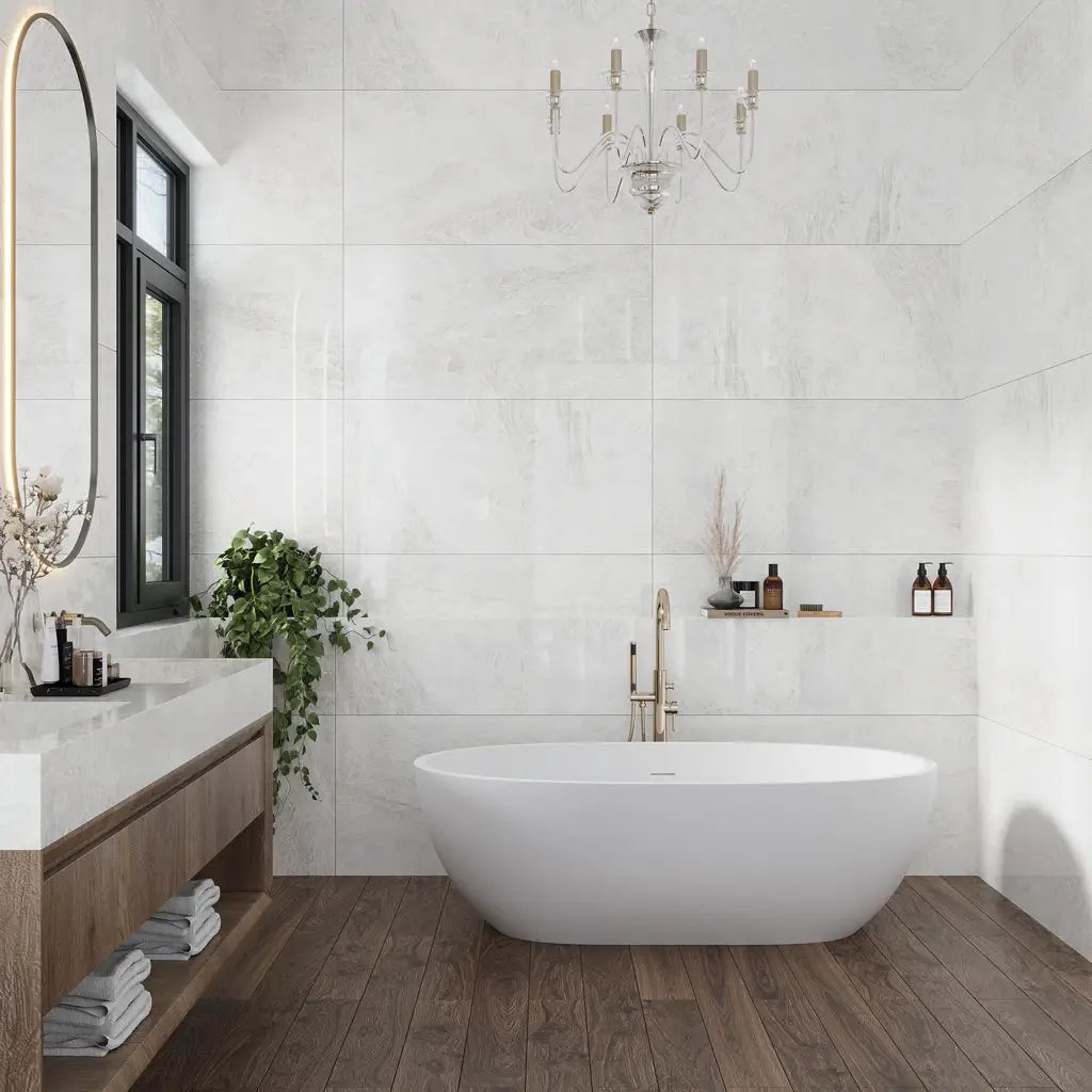Frosted White 24x48 Polished Porcelain Large Format Tile (2 pack, 15.49 sq ft/case) by Apollo Tile