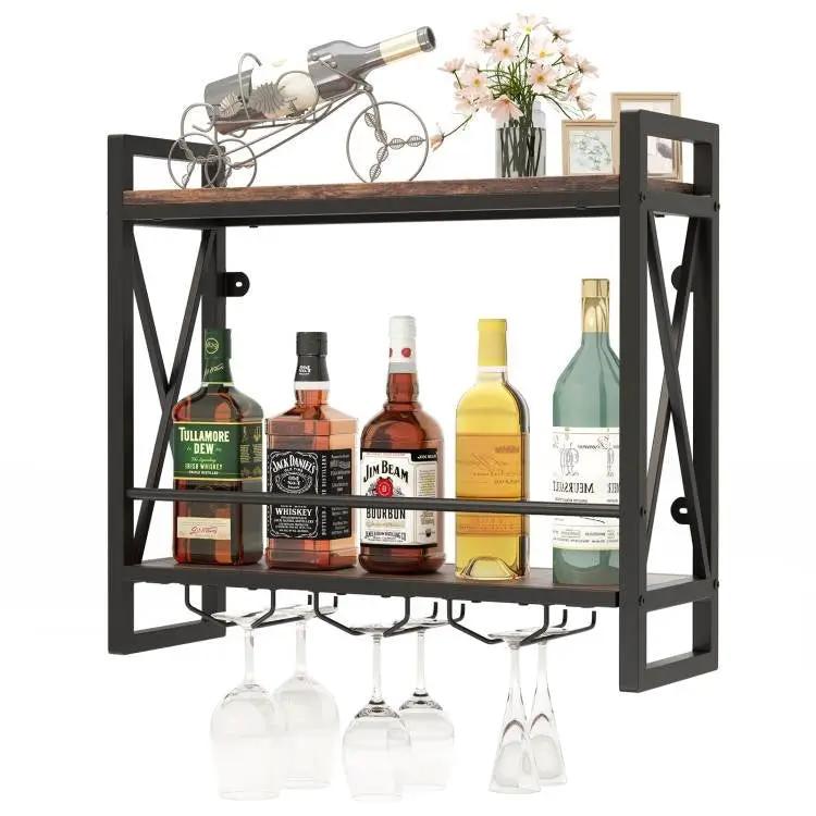 Industrial Rustic Brown Wood Metal 2 Tier Wall Mounted Wine Rack by HomePacific