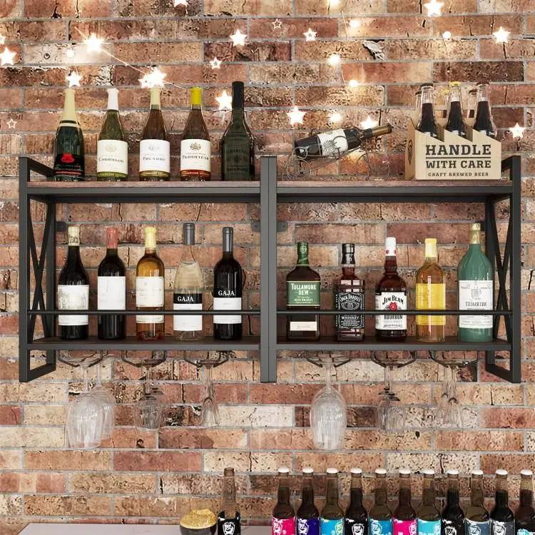 Industrial Rustic Brown Wood Metal 2 Tier Wall Mounted Wine Rack by HomePacific