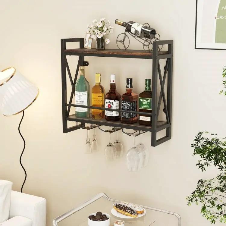 Industrial Rustic Brown Wood Metal 2 Tier Wall Mounted Wine Rack by HomePacific