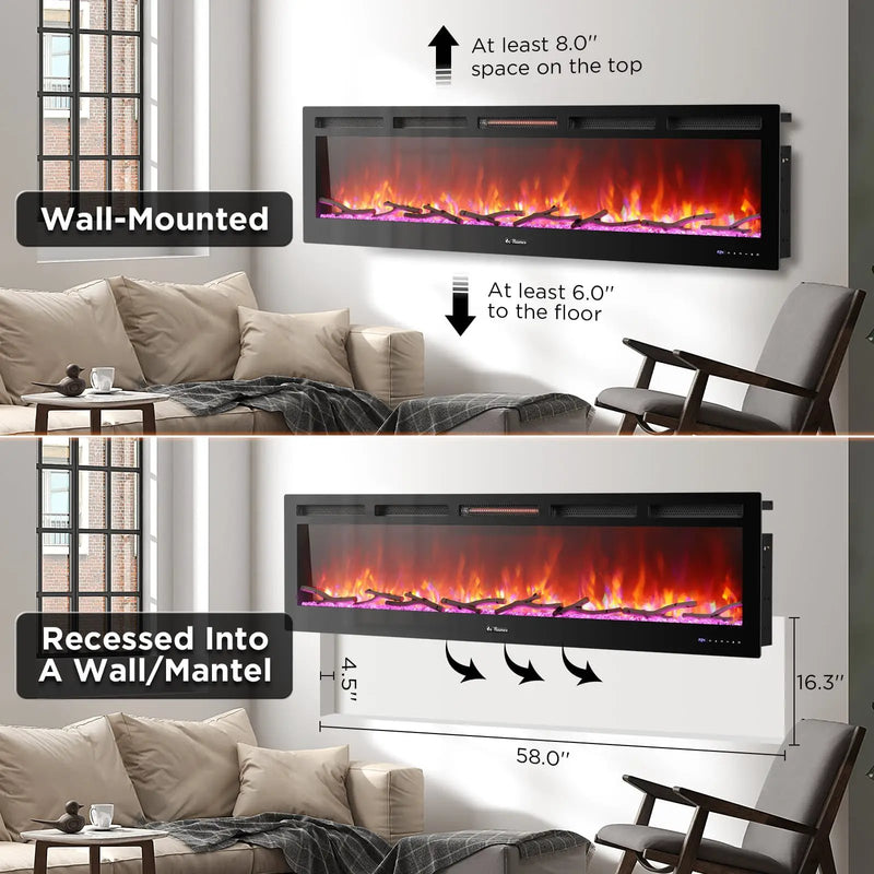 In Flames INF72W-3D WiFi Smart Wall Mounted Electric Fireplace - Tempered Glass by TURBRO