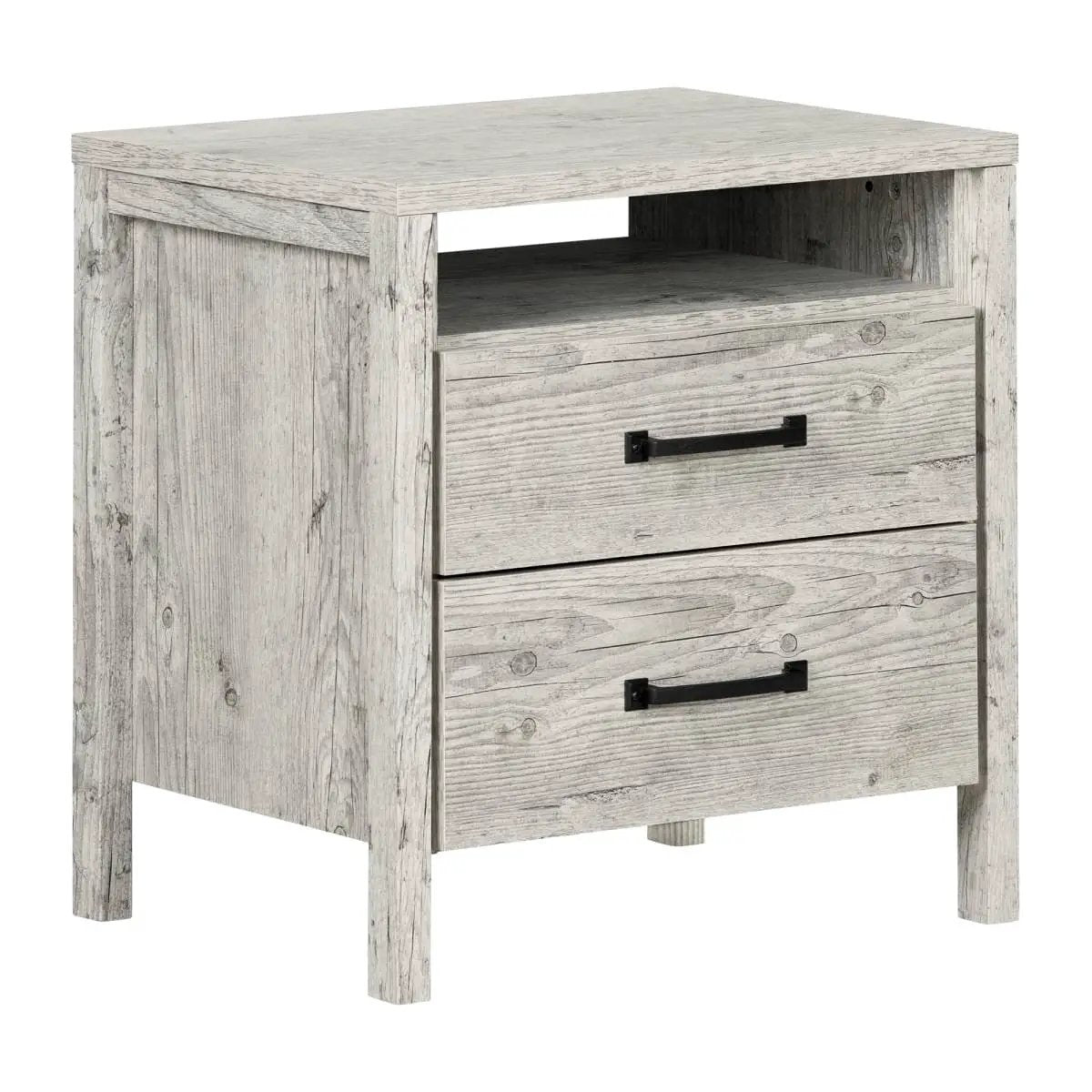 Modern Washed Pine 2 Drawer Nightstand Cubby Storage Shelf by HomePacific