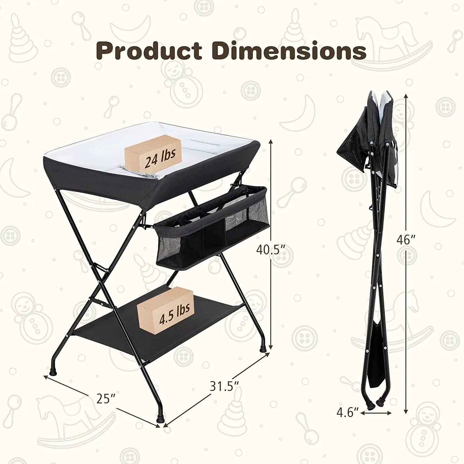 Black Folding Wide Nursery Diaper Baby Changing Table by HomePacific