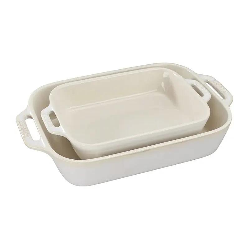 2 Piece Ceramic Stoneware Baking Dish Set in Ivory Cream Beige by HomePacific