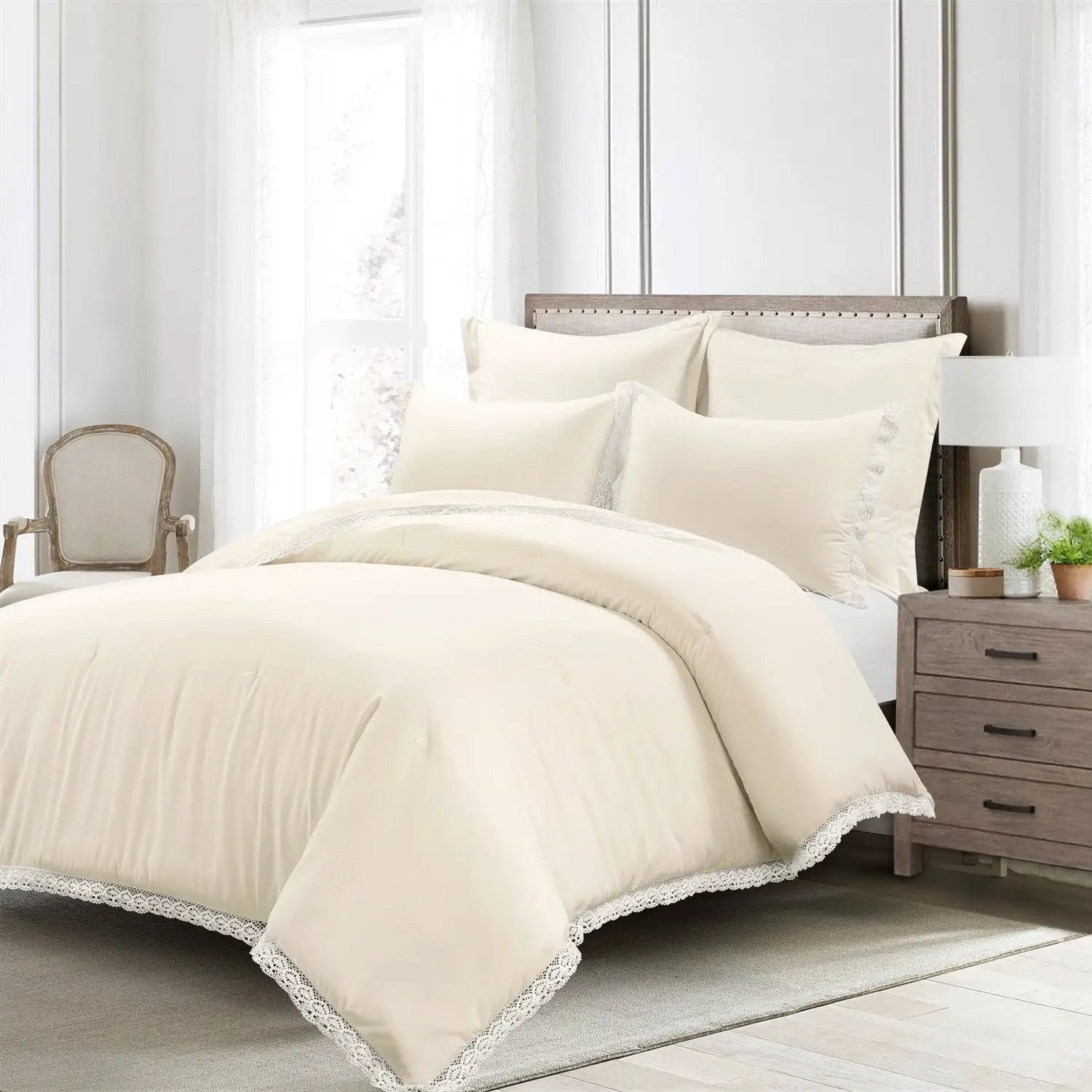 Full/Queen French Country Ivory 5-Piece Lightweight Comforter Set w/ Lace Trim by HomePacific