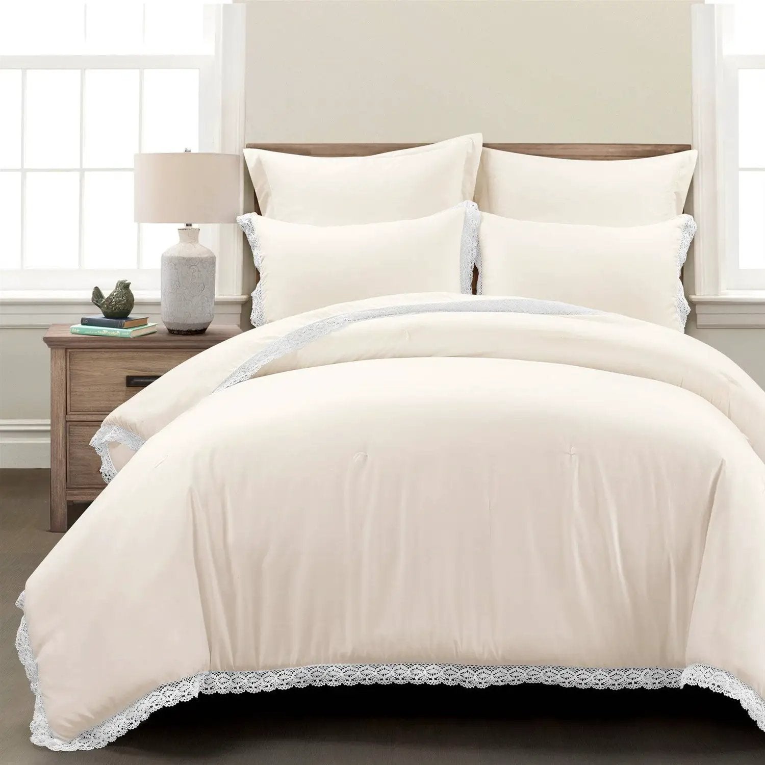 Full/Queen French Country Ivory 5-Piece Lightweight Comforter Set w/ Lace Trim by HomePacific