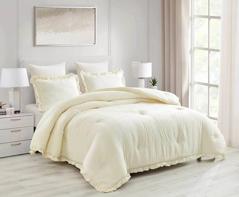 Full Size Ivory Microfiber 3-Piece Comforter Set with Ruffled Edge Trim by HomePacific