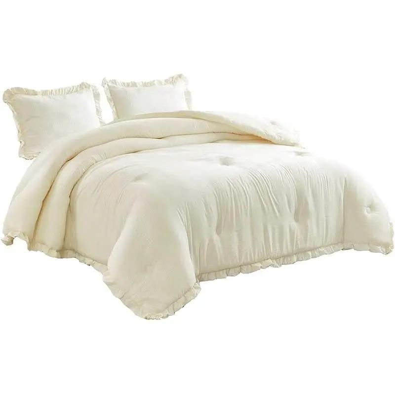 Oversized Queen Ivory Microfiber 3-Piece Comforter Set with Ruffled Edge Trim by HomePacific